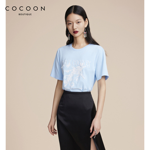 COCOON商场同款2023夏浅蓝拓印工艺凤凰图案手工钉珠T恤