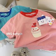 100%纯棉宝宝夏季短袖t恤潮牌韩范卡通(范卡通，)可爱男女中小儿童粉色上衣