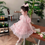 女童夏季中国风旗袍式连衣裙，洋气时尚泡泡袖唐装网纱公主纱裙