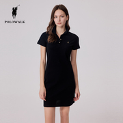polowalk黑色短袖针织连衣裙，女夏季收腰显瘦气质，百搭修身裙子