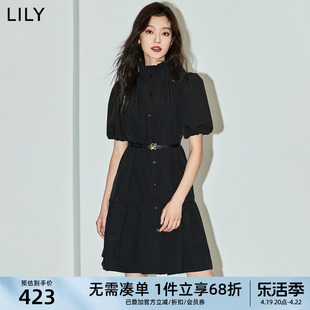 LILY2024春女装复古通勤时尚都市优雅宽松荷叶边小黑裙连衣裙