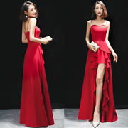 红色连衣裙高贵优雅气质名媛性感，吊带裙宴会修身长款晚礼服女