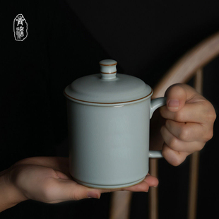汝窑办公杯景德镇陶瓷杯，带盖手工青瓷，茶杯开片可养礼盒装家用水杯