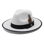 英伦范时尚礼帽黑色包边羽毛青年男女士表演大帽檐毛呢绅士帽子