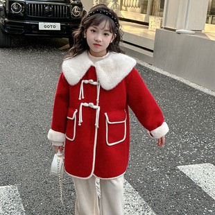 女童拜年服红色大毛领呢子大衣加绒韩版小女孩甜美中长款保暖外套