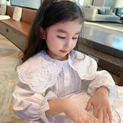 女童衬衫秋季娃娃领洋气，花边长袖白色衬衣女，宝宝韩系翻领圆领上衣