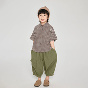 男童短袖衬衫2024夏季儿童韩版格子衬衣中小童薄款半袖上衣