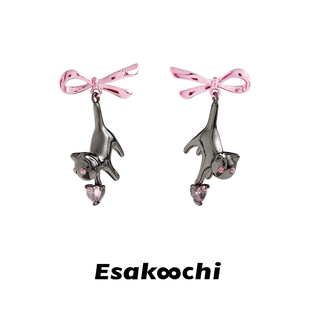 esakoochi漂亮的小猫~原创设计小众耳饰，黑猫粉色蝴蝶结耳环女