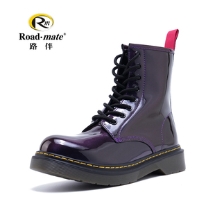 路伴女鞋紫色亮面漆皮个性8孔英伦靴舒适女靴高帮靴休闲经典同款