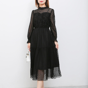时尚网纱荷叶袖连衣裙，女2022秋季法式复古气质，小黑裙