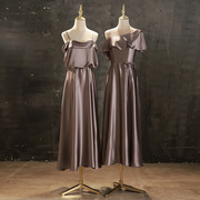 紫色伴娘服2024夏季姐妹团小众高级感缎面晚礼服长裙平时可穿