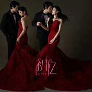 影楼主题服装情侣拍照写真复古中国风摄影酒红色抹胸鱼尾婚纱礼服