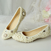 婚鞋水钻手工珍珠水晶鞋白色低跟坡跟珍珠结婚鞋伴娘鞋演出单