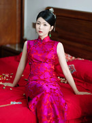 新中式晨袍女新娘火龙果红色旗袍，无袖结婚礼敬酒服礼服婚礼长款冬