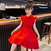 女童连衣裙夏装洋气红色，裙子儿童背心，裙飞袖棉布裙女孩公主裙