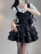 夏季蓬蓬裙套装甜美辣妹设计感蕾丝拼接衬衫黑色吊带公主蛋糕裙