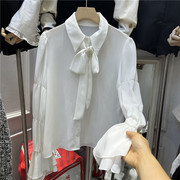 蝴蝶结白色雪纺衬衫设计感喇叭袖衬衣长袖镶钻蝴蝶结系带上衣