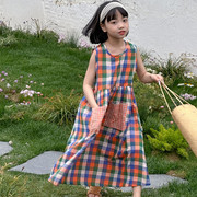 儿童口袋拼接格子连衣裙夏季韩系女童森系文艺风背心裙棉布裙