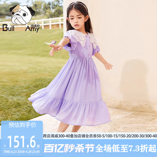 女童紫色连衣裙2024夏季洋气，双层绣花娃娃领公主，裙褶皱雪纺裙