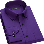 var高端全棉秋季男士纯色长袖衬衫商务正装紫色衬衣打底衫