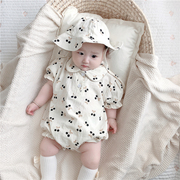 韩国童装婴儿女宝宝夏装，樱桃纯棉短袖连体衣，爬服包屁哈衣帽子套装