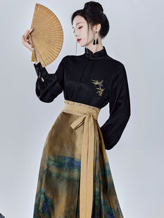 配马面裙的衬衫秋季国风黑色盘扣立领汉服上衣新中式女装日常衬衣