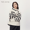 hply young黑白，条纹慵懒垂感毛衣美丽诺羊毛针织衫