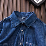 深蓝色双口袋牛仔衬衫2022春秋韩版设计感宽松休闲长袖衬衣女