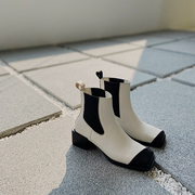 BIUCILI 非对称原创设计欧美简约冬季粗跟女小牛皮短靴切尔西靴