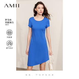 Amii2024夏极简罗马布修身圆领套头不规则斜裙摆短款连衣裙女
