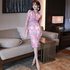 MIUCO粉色紫藤花弹力纱裹身裙女人修身包臀连衣裙