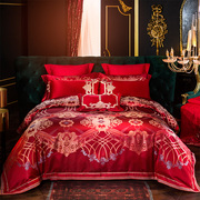 床上a用品四件套欧式婚庆贡缎，提花大红色喜庆被套结婚六件套