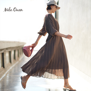 Mila Owen 夏季款日系简约温柔前后两穿七分袖优雅通勤连衣裙女士