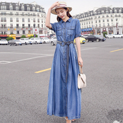 韩版蓝色条纹短袖牛仔连衣裙2023年春季系带纯棉衬衫中长裙女装