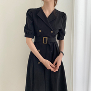 复古西装裙棉麻连衣裙2020韩版女夏中长款，修身显瘦双排扣裙子