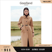 goodland美地女装2023冬季纯绵羊毛双面，毛呢大衣长款卡其外套