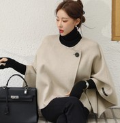韩国daba羊毛呢双面绒大衣女，优雅气质蝙蝠袖，斗篷披肩短款外套