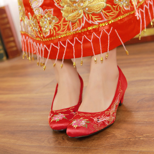 2016中式传统旗袍裙褂结婚鞋龙凤绣花鞋新娘鞋女单鞋大红色