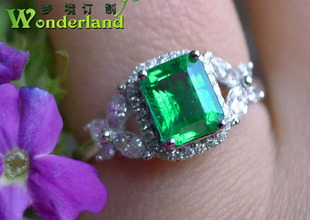 天然哥伦比亚祖母绿彩色宝石方形戒指环18K白金钻豪华群镶特