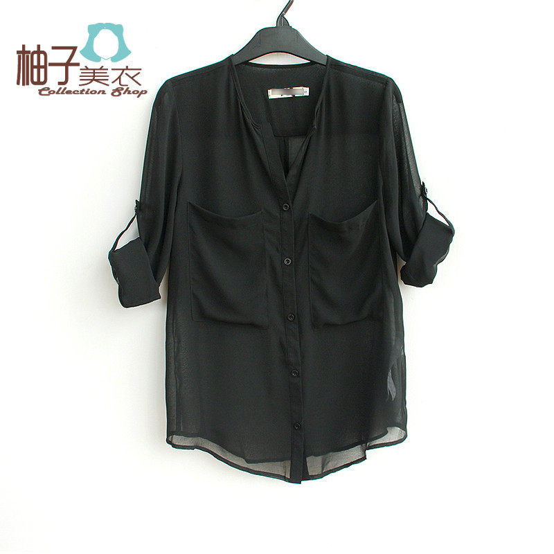 S244柚子美衣夏女装2012欧美复古文艺宽松雪纺长袖中长款衬衫衬衣