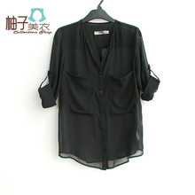 S244柚子美衣夏女装2012欧美复古文艺宽松雪纺长袖中长款衬衫衬衣