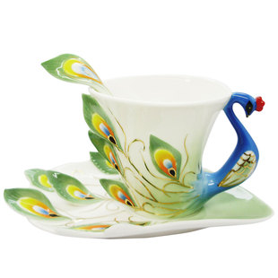 景德镇陶瓷器珐琅瓷，手绘孔雀咖啡杯具套装，乔迁新婚