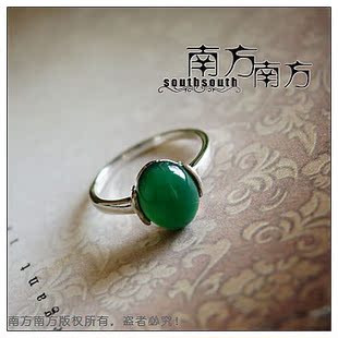 南方南方老银匠手工纯银饰品天然绿玛瑙泰银女款复古戒指-相逢