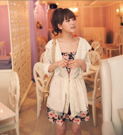 040054 2012夏季 韩版淑<span class=H>女</span>连帽蕾丝加雪纺系带开衫短<span class=H>外套</span>