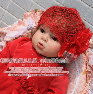  手工秋冬婴儿发带宝宝花朵发网渔网儿童配饰红色大花朵帽蕾丝发网