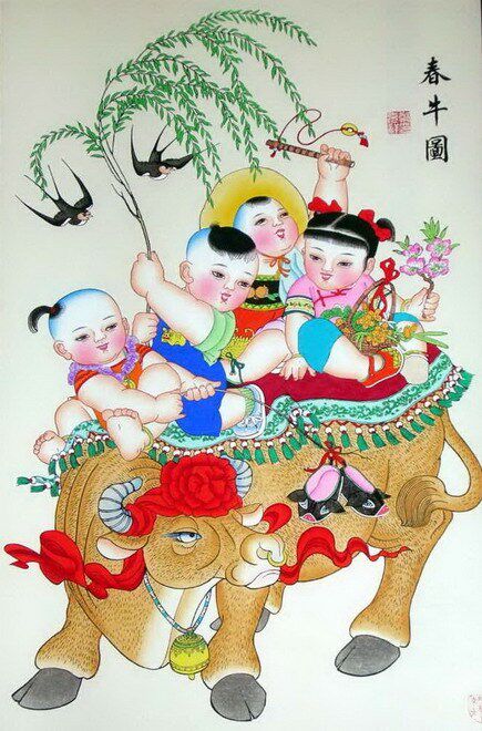 杨柳青年画《春牛图》※已装裱挂轴/尺寸65&times;160cm※