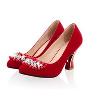 性感大红色高跟鞋红色新娘鞋水钻珍珠高跟单鞋大码女鞋40-43婚鞋