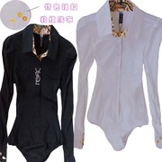 韩式泡泡袖豹纹贴布修身长袖，女衬衣连体，衬衫高温烫钻