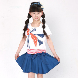  童装夏季新款韩版女童装中大儿童短袖背心短裙学院风3件套装