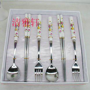 韩式餐具/早春玫瑰骨瓷手柄不锈钢筷/勺/叉六件套 礼品餐具套装